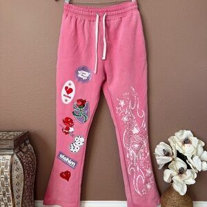 Stylish Pink Wide Leg Pants with Fun Patches